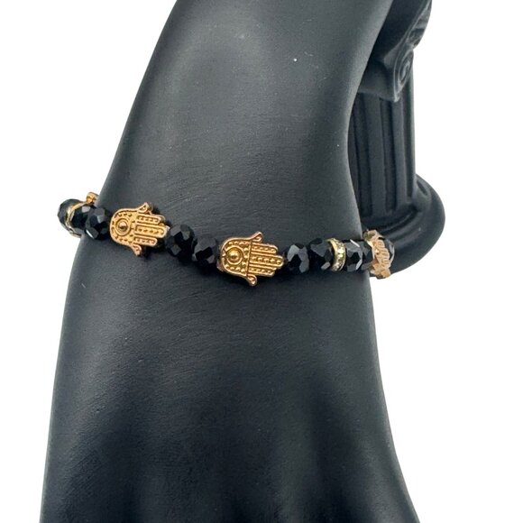 Copper Hamsa Hand & Black Beaded Stretch Bracelet - Picture 3 of 4